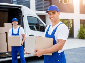 A man is holding a cardboard box in front of a van.