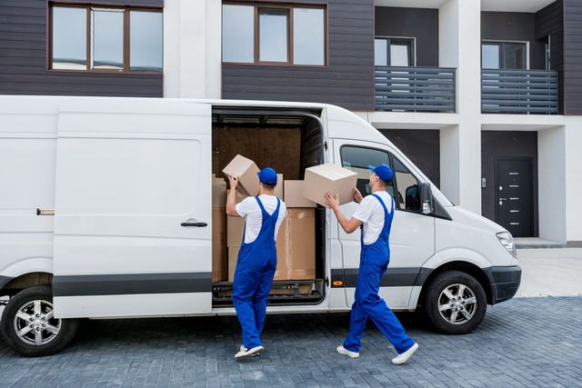 Two movers are loading boxes into a van in front of a house.