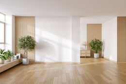 Minimalist empty room with light wood floors, white walls, and potted plants by sunlit windows