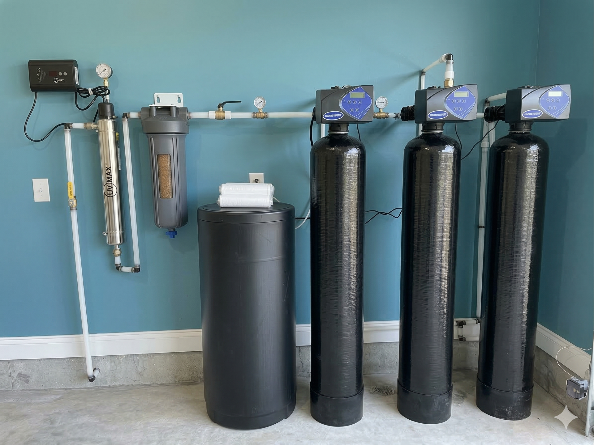 A home water filtration and softening system with a sediment filter, brine tank, and three black tanks mounted on a wall.