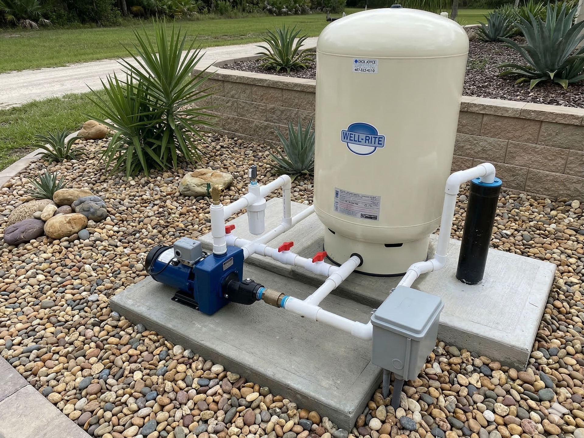 A cream-colored well pressure tank with a blue pump and PVC piping mounted on a concrete slab in a landscaped yard.