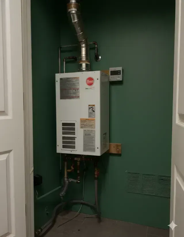A Rheem tankless water heater mounted on a green wall inside a closet with exposed metal venting and plumbing connections.
