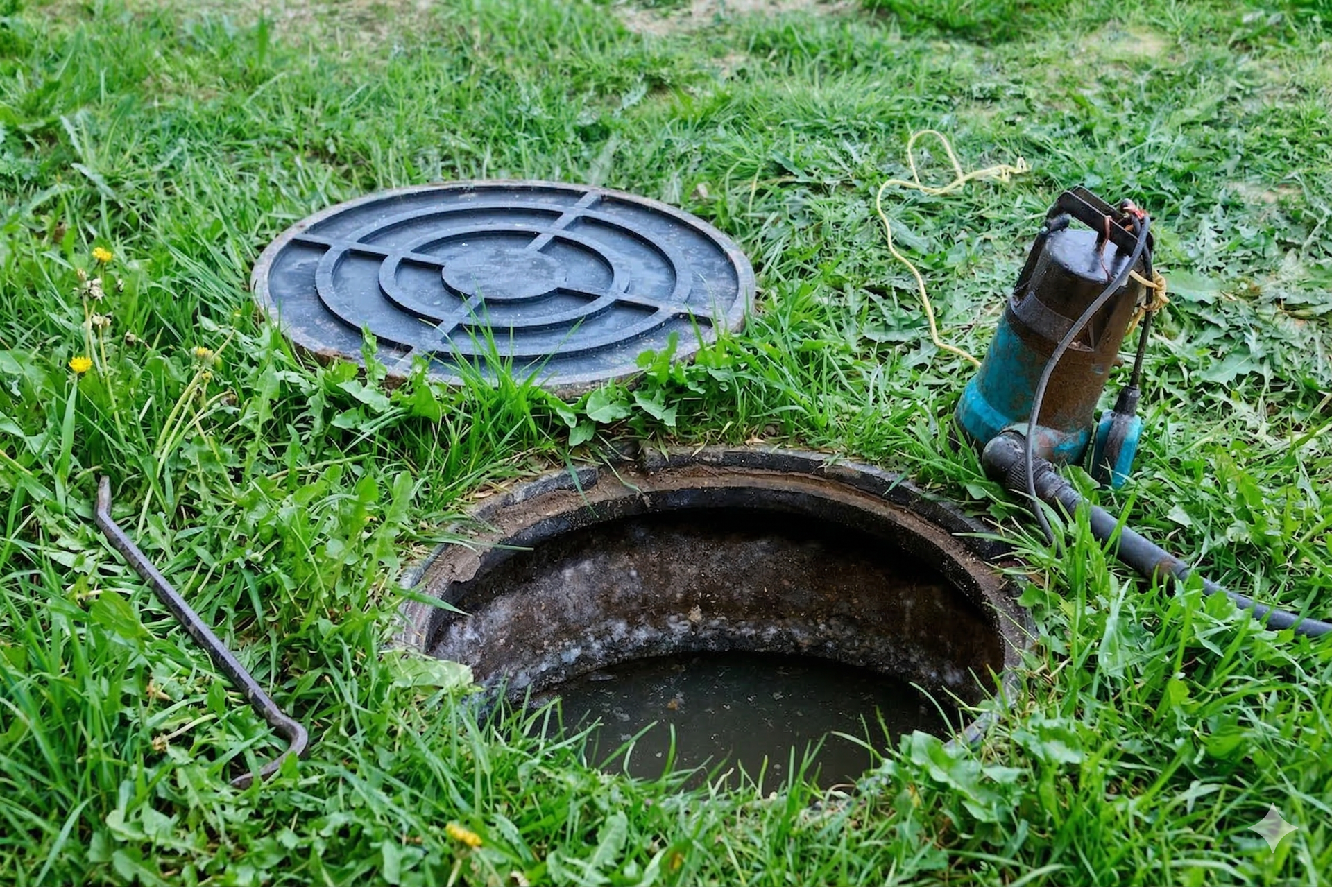 An open septic tank access port in a grassy lawn with a submersible pump and tools nearby.