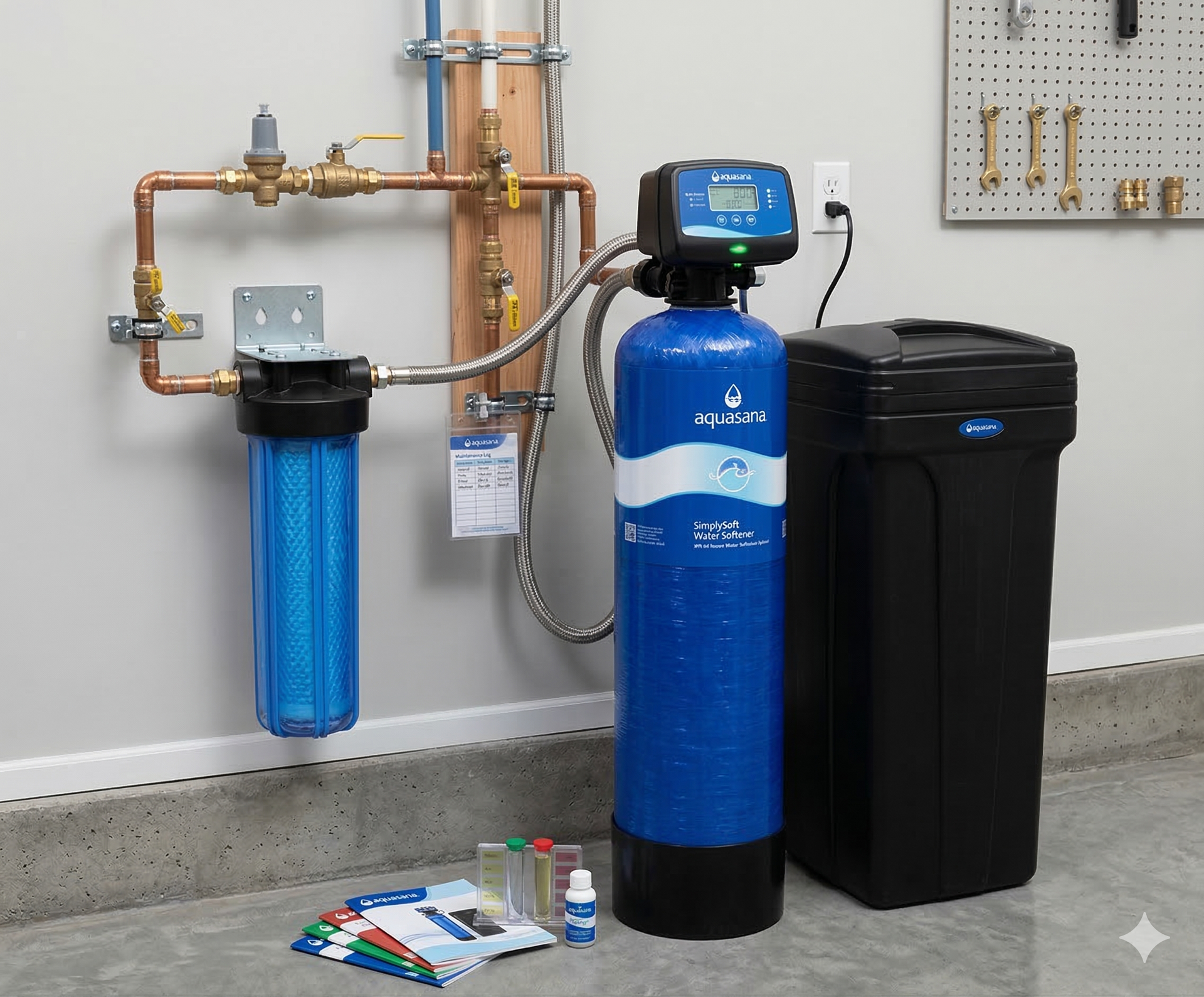 A home water filtration and softening system installed on a basement wall with a blue filter, tank, and black brine bin.