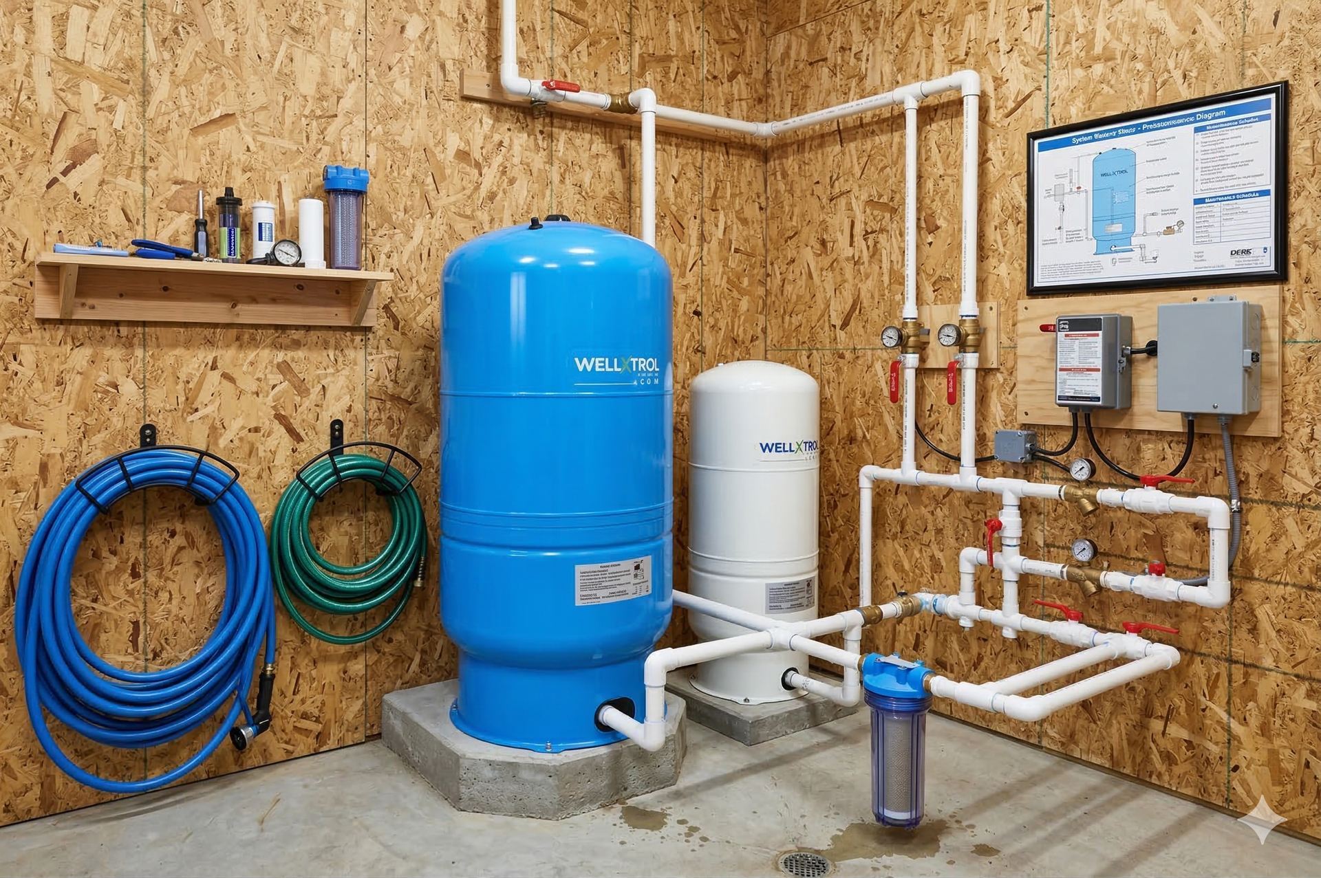 A residential water well system with large blue and white pressure tanks, PVC piping, and a water filter on an OSB wall.
