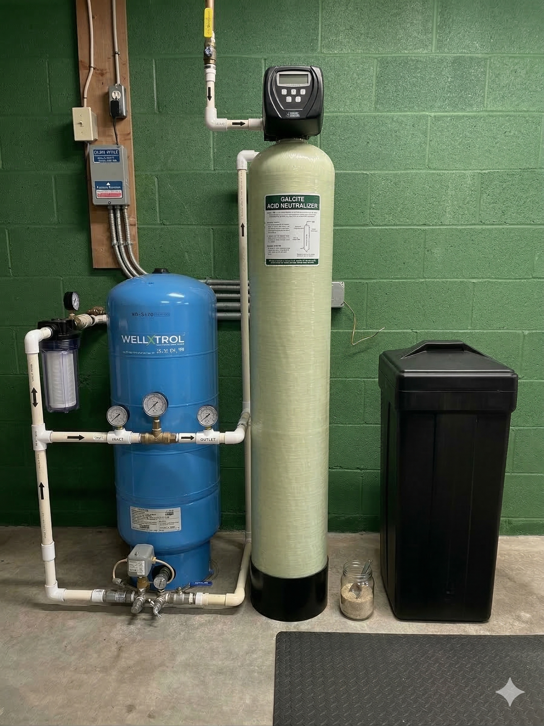 A home water treatment system against a green wall, featuring a blue pressure tank, a tall filter column, and a brine bin.