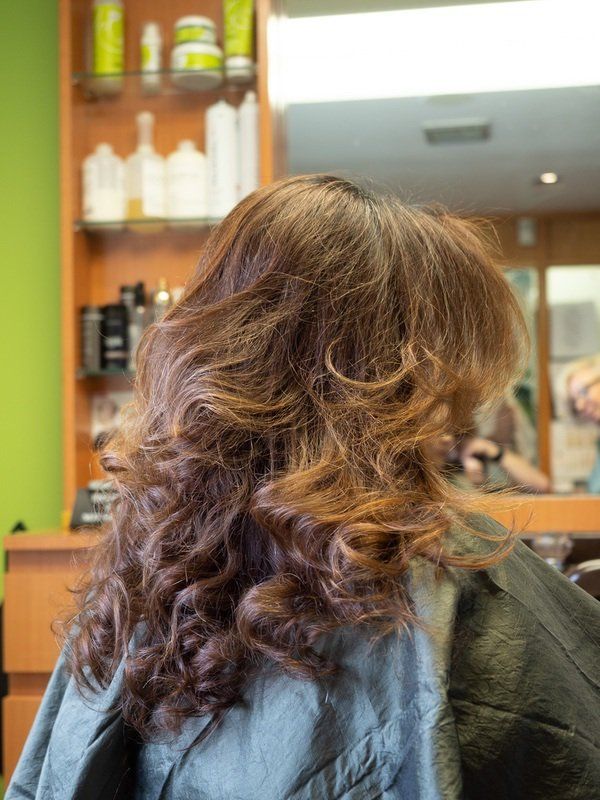 back of women's head with thick, wavy brown hair