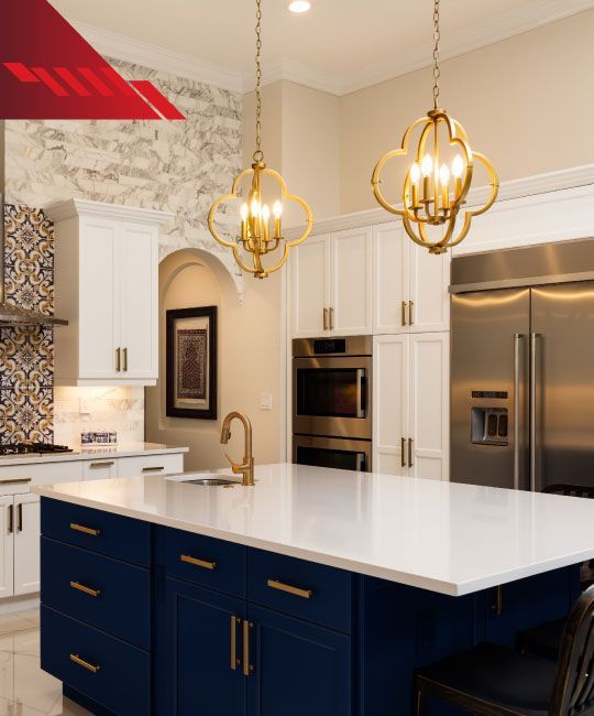 A kitchen with blue cabinets and white counter tops