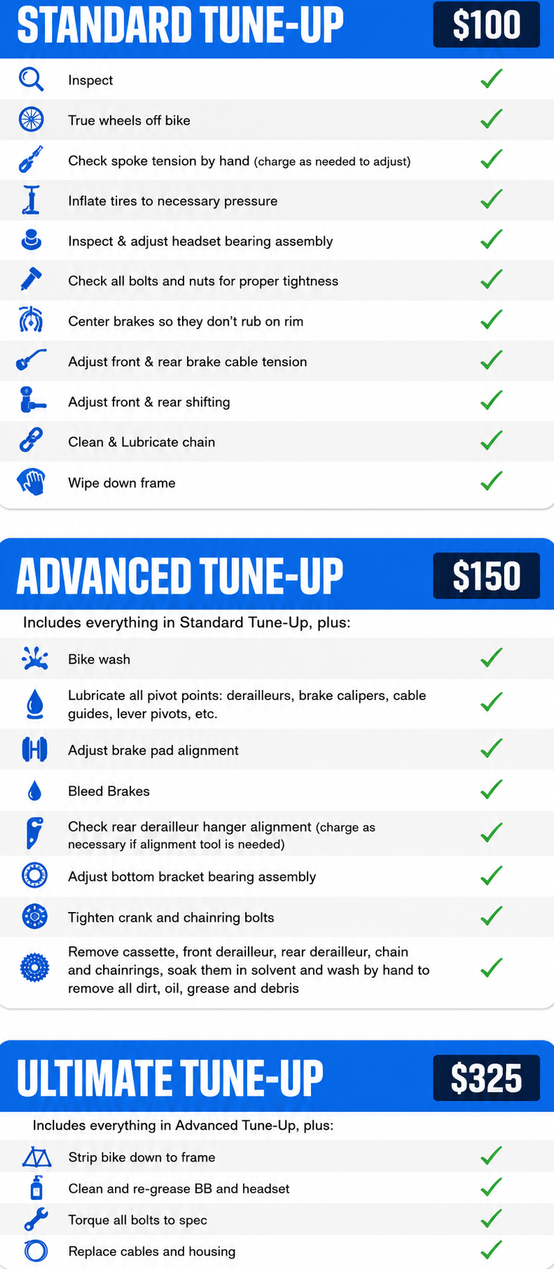 Price list for standard, advanced, and ultimate tune-up service packages with checkmarked features and prices.