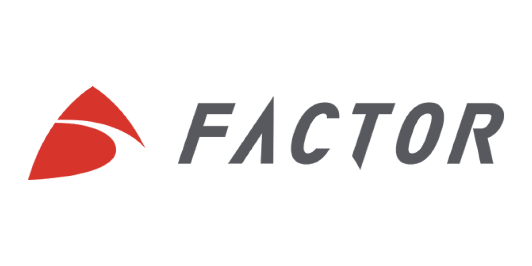 Red abstract shape with a curve and the word FACTOR in grey, modern sans-serif font.
