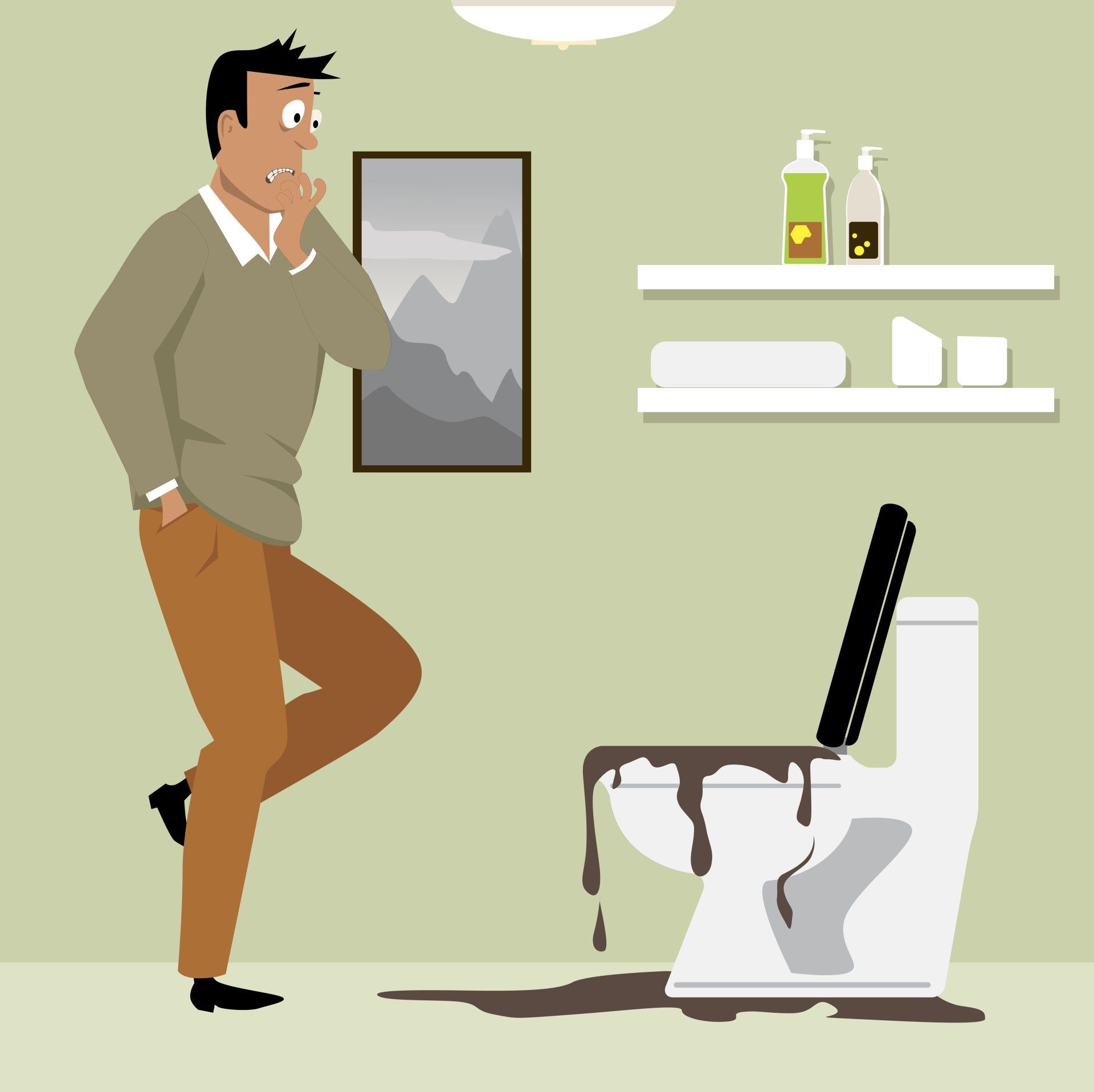 illustration of man panicking because his toilet is overflowing