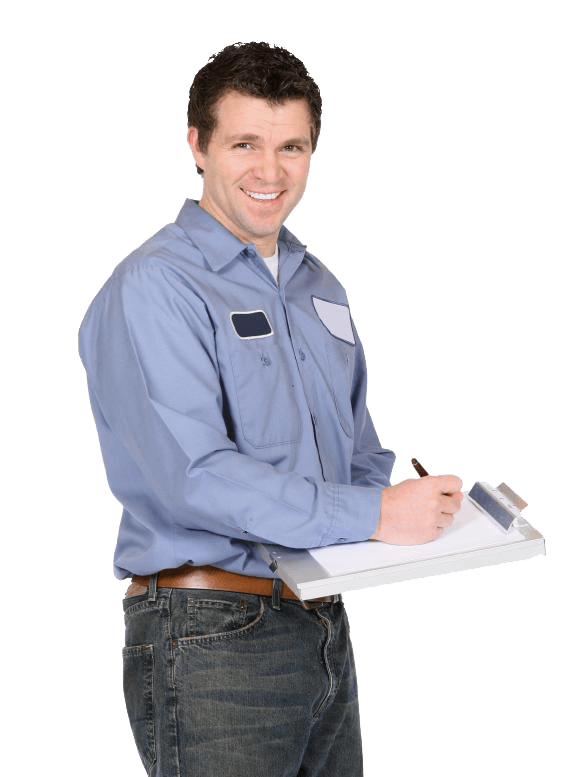 vector of plumbing service techinician holding a clipboard to schedule a customer