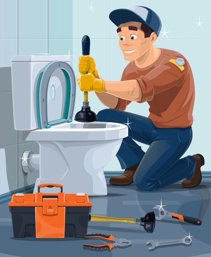 illustration of plumber with plumbing tools working to unclog a toilet with a plumber wrench and other tools.