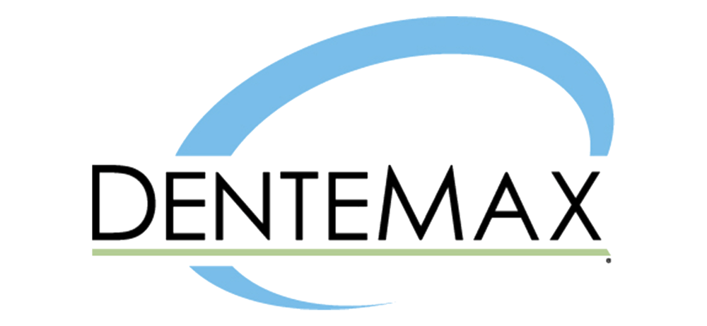 The dentemax logo is a blue circle with the word dentemax on it.
