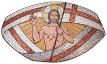 Mosaic of Jesus with raised hand inside a fish-shaped Christian symbol in red, white, and gold
