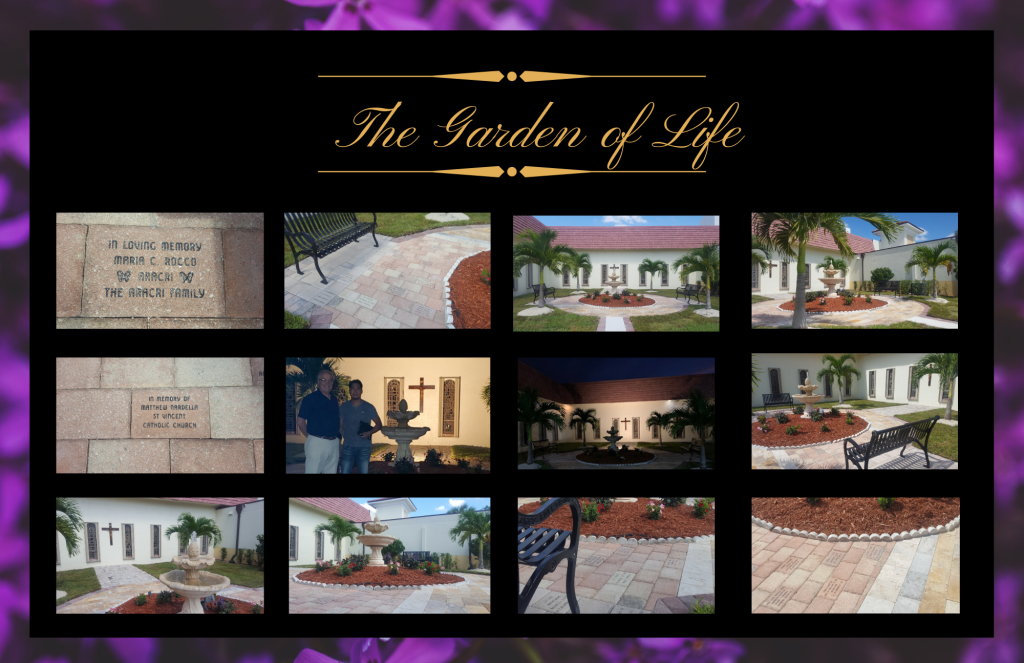 Collage titled “The Garden of Life” showing cemetery memorial plaques and graves with flowers and cross monuments