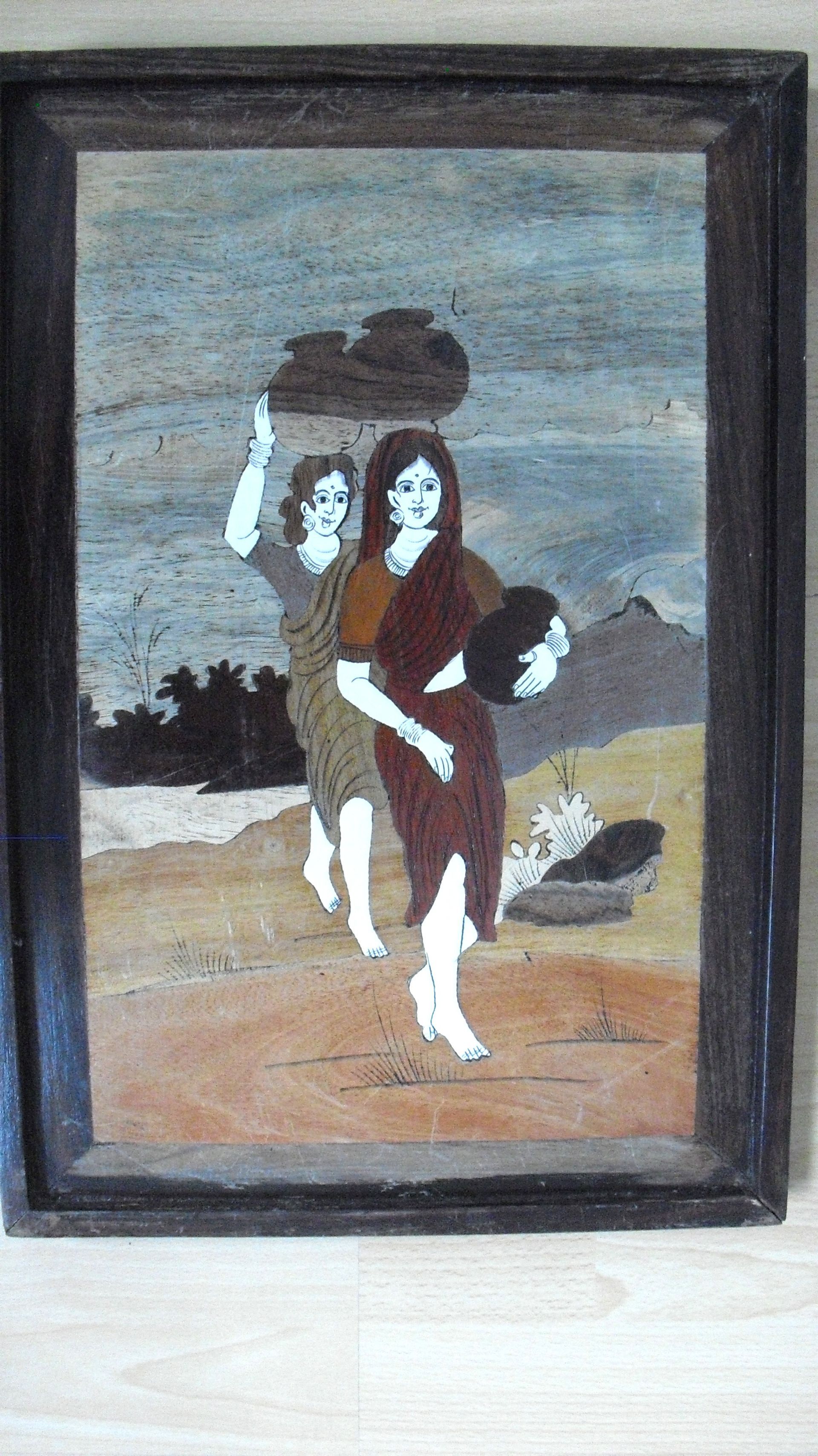 Vintage hout ingelegd schilderij