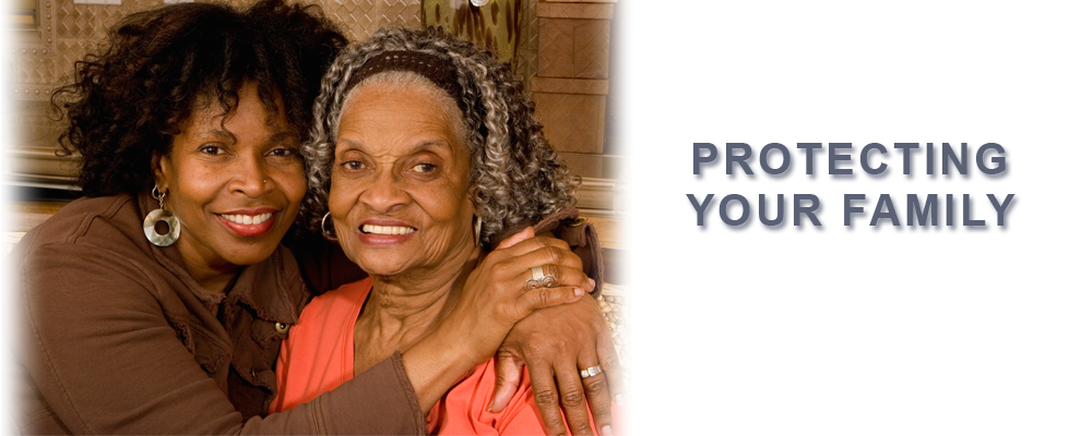 Two women hugging each other with the words protecting your family in the background