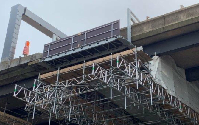 A bridge under construction with scaffolding on it.