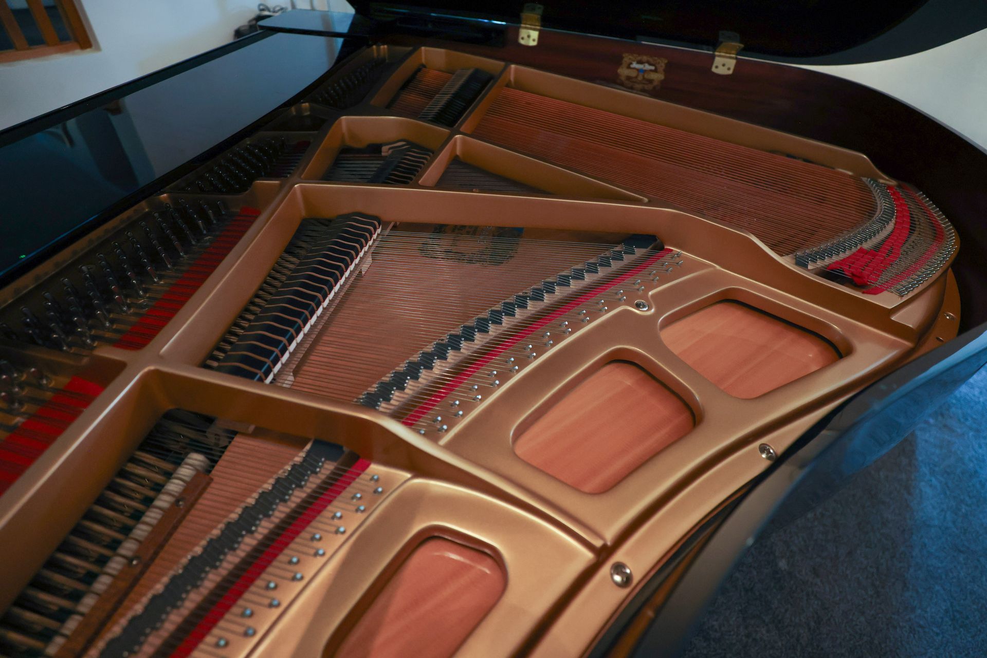 Open grand piano interior, showing strings, soundboard, and wooden frame.