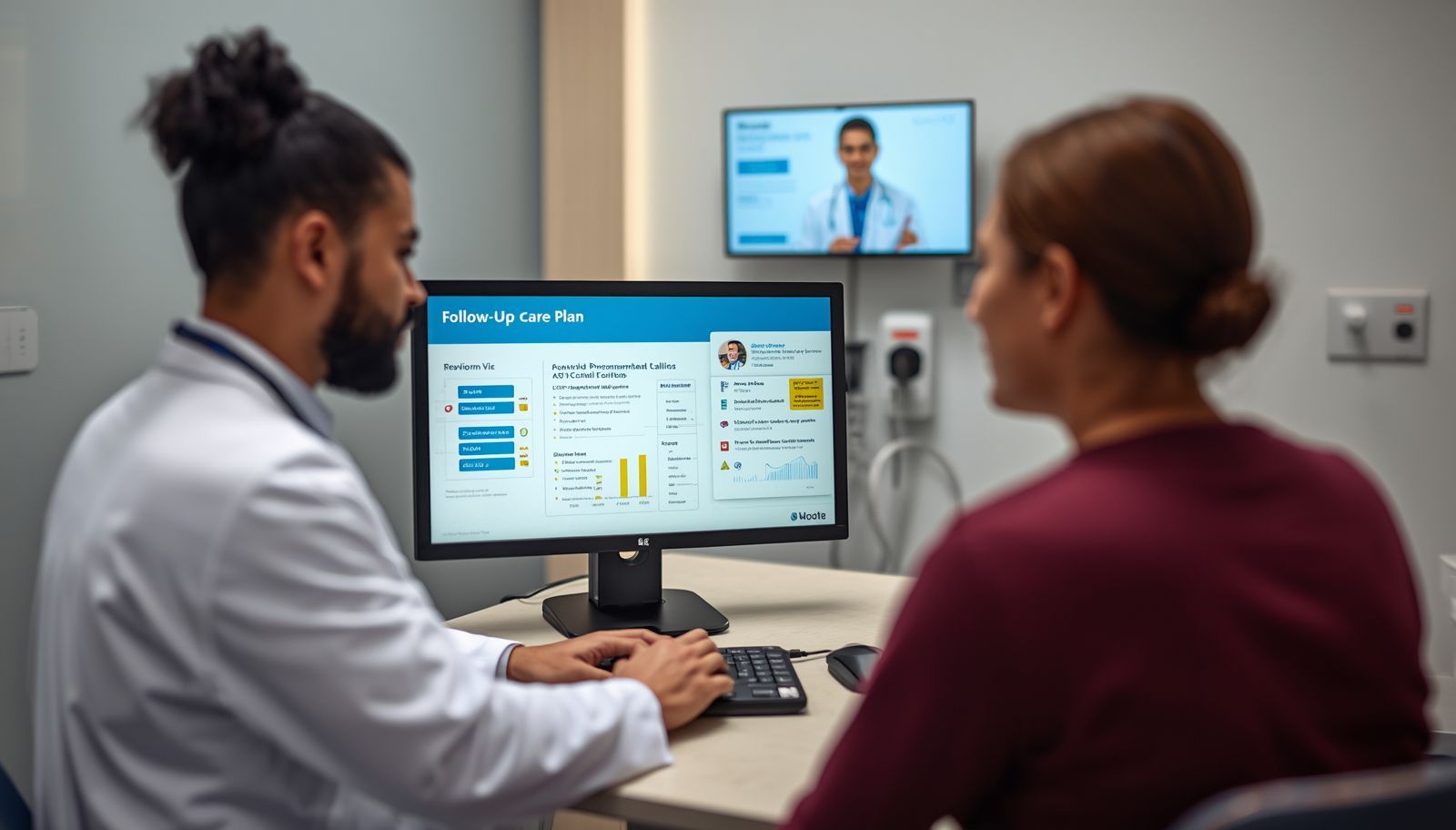 Physician conducting a follow-up patient visit while a virtual medical scribe documents