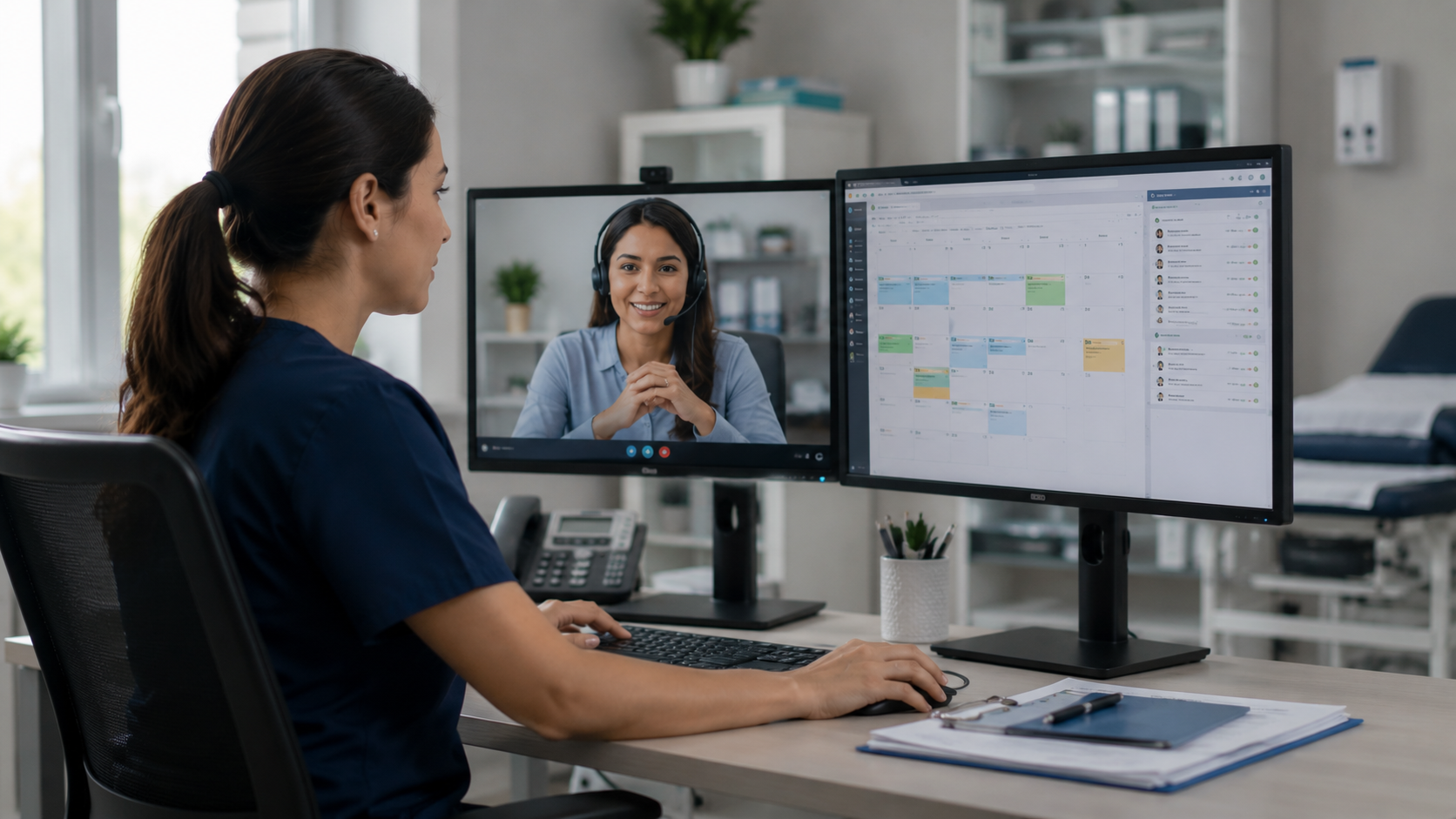 Physician and patient during a consultation while a virtual medical assistant supports follow-up cal
