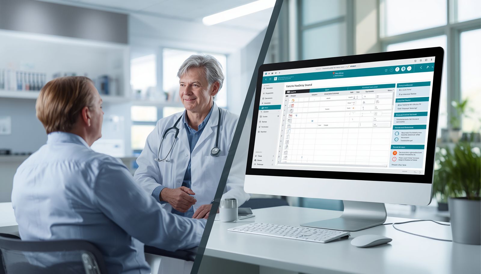 a realistic healthcare workflow illustration showing a physician during a patient consultation while a virtual medical scribe documents the encounter in real time. Display a split-screen concept with patient interaction on one side and detailed clinical documentation, E/M coding support, structured medical notes, diagnosis documentation, and healthcare workflow efficiency on the other. Modern U.S. clinic environment, electronic health records visible on screen, professional medical setting, photorealistic quality, clean composition, healthcare technology, improved documentation accuracy, physician productivity, revenue cycle support. 
