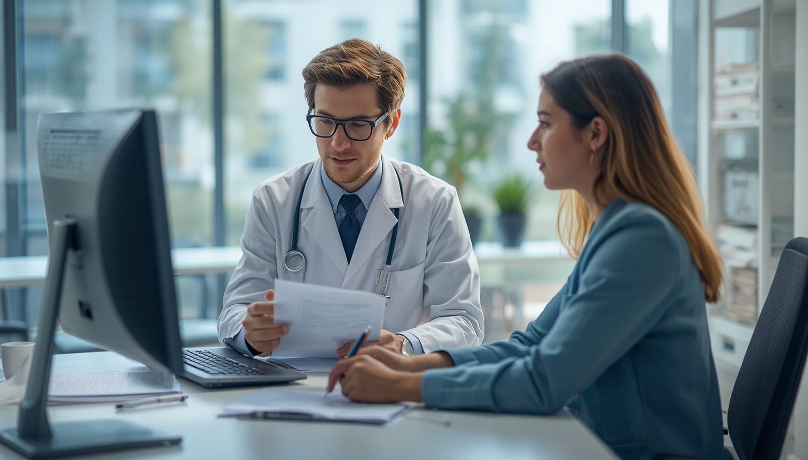 Healthcare provider reviewing AI-generated medical transcription while a professional medical transcription specialist verifies clinical documentation in a modern U.S. healthcare office.