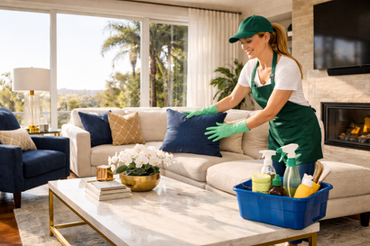 A professional cleaner in a green uniform places a blue pillow on a living room sofa next to a cleaning supplies bin.