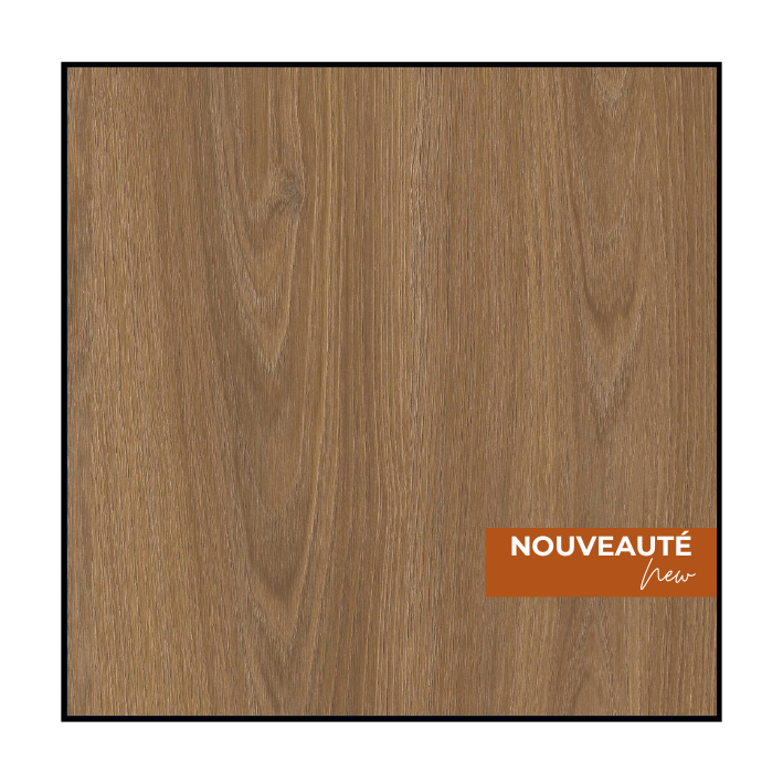 Une texture de grain de bois brun moyen avec un petit rectangle orange dans le coin inférieur droit portant l'inscription « NOUVEAUTÉ ».