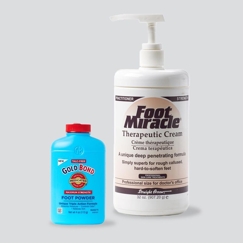 A bottle of foot miracle therapeutic cream next to a bottle of gold bond foot powder