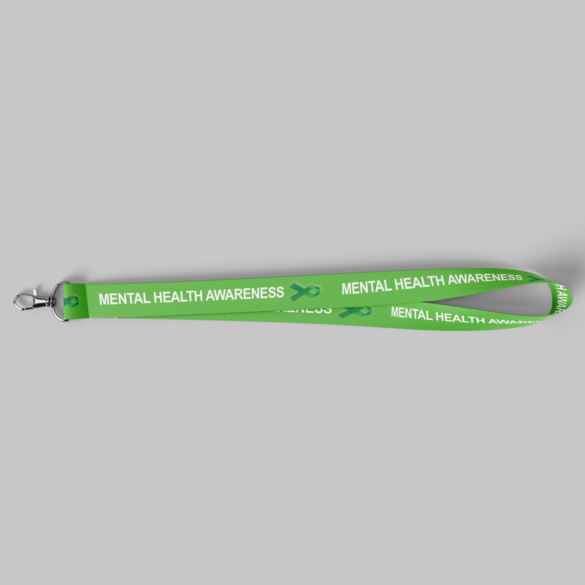 A green lanyard with the words `` mental health awareness '' on it