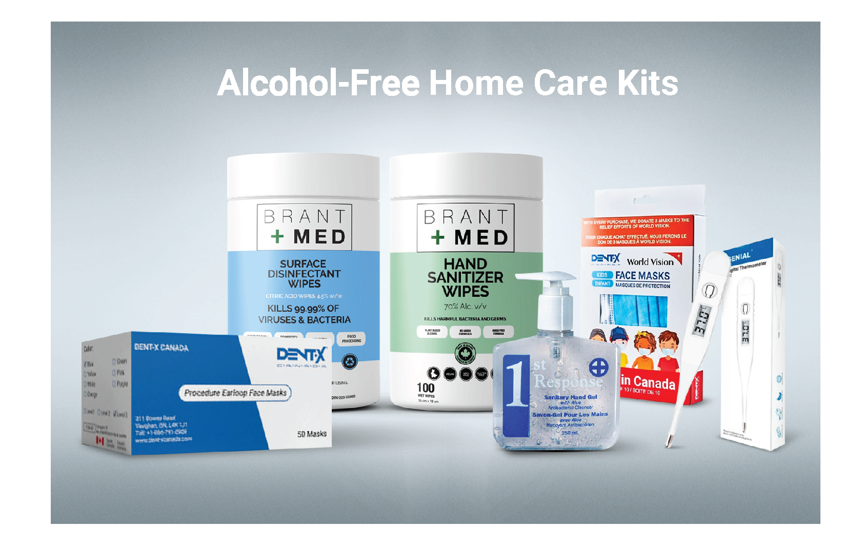 A group of alcohol-free home care kits on a white background