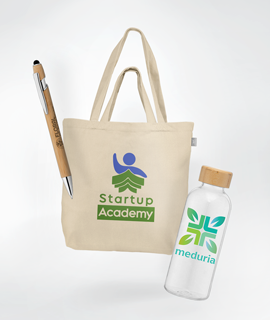 A startup academy tote bag a pen and a water bottle