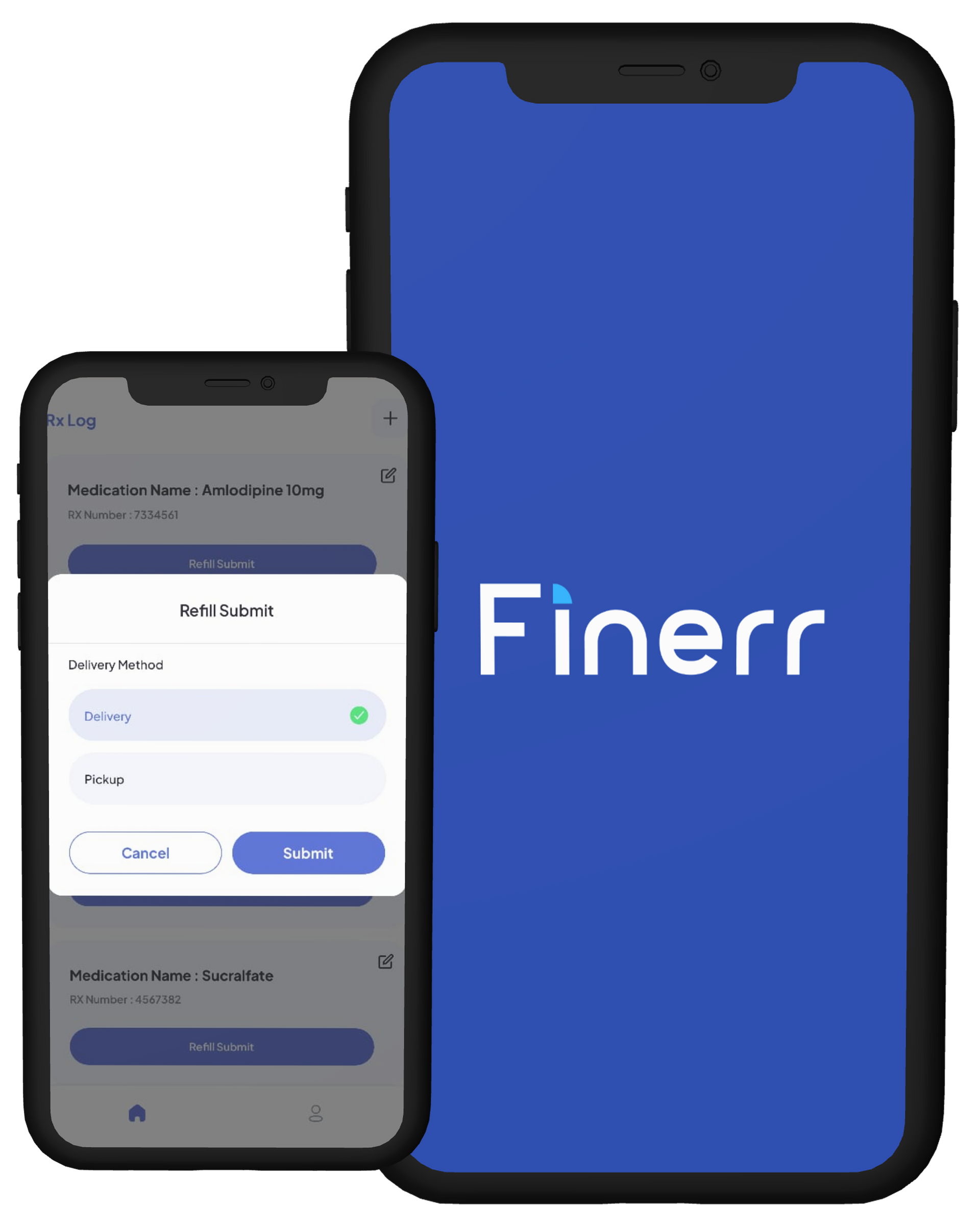 Two smartphones display the Finerr app; one shows a modal window for adding a new task, the other shows the app logo.