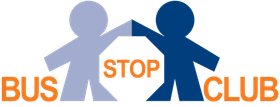 A blue and orange logo for bus stop club