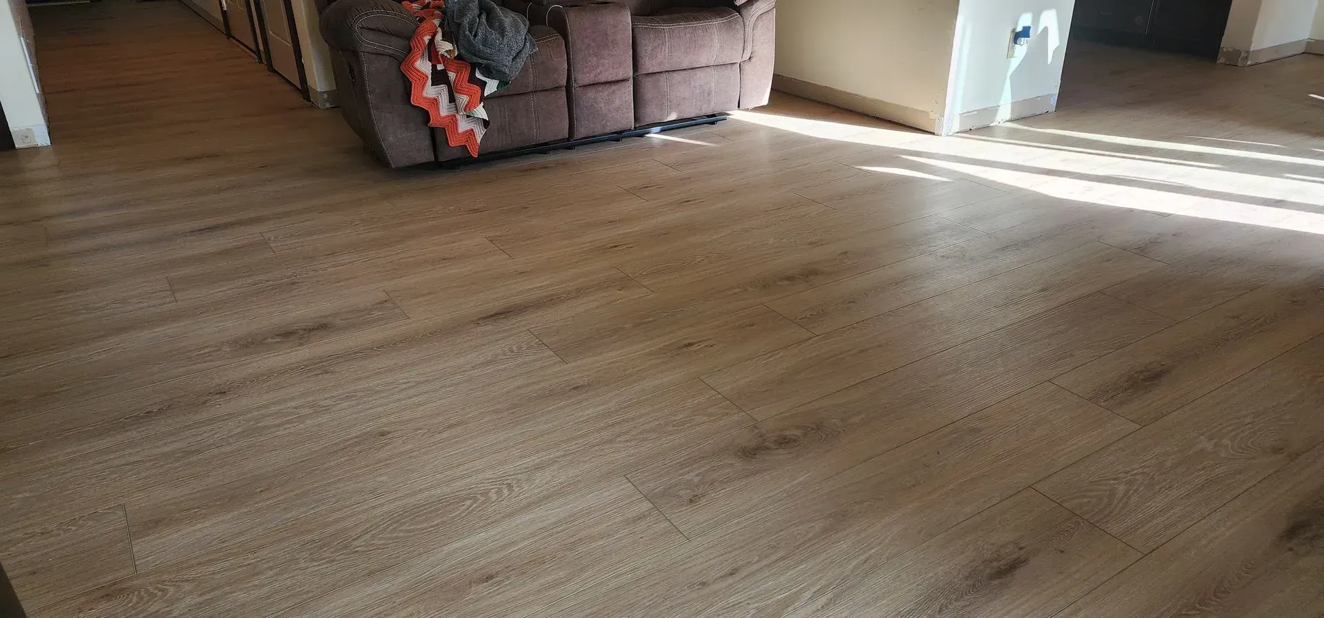 A living room with a wooden floor and a couch.