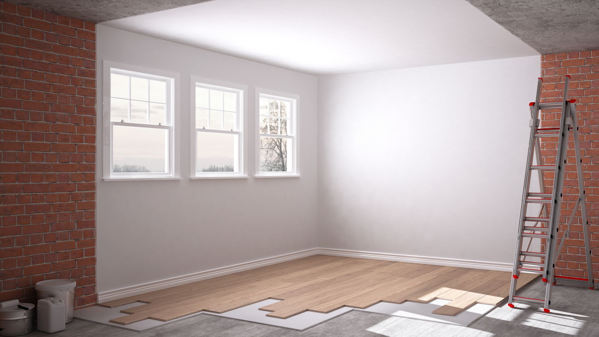 Room under renovation, with exposed brick wall, windows, ladder, and flooring being installed.