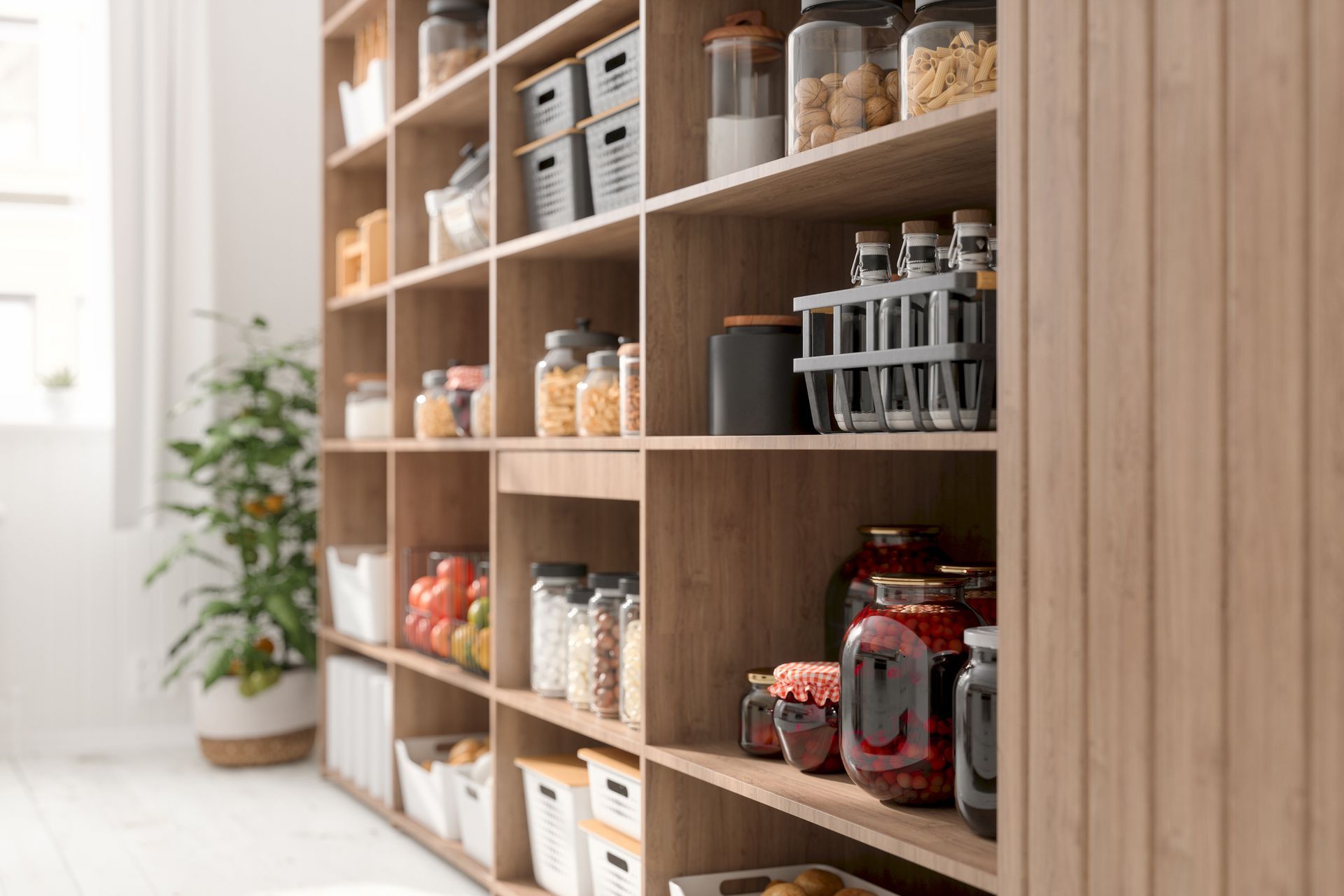Wooden pantry shelves stocked with various food items.