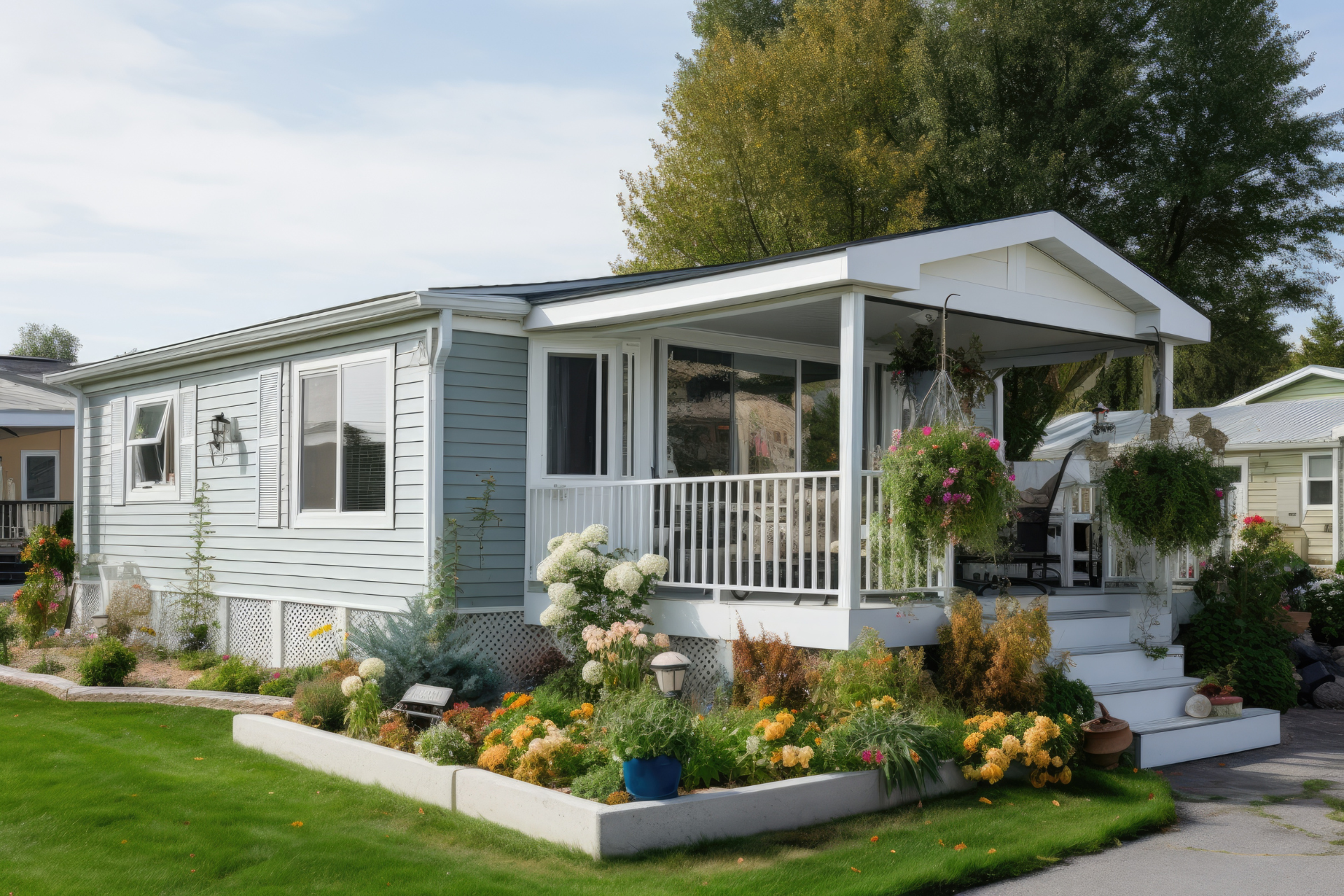 A mobile home with a porch and flowers in front of it.