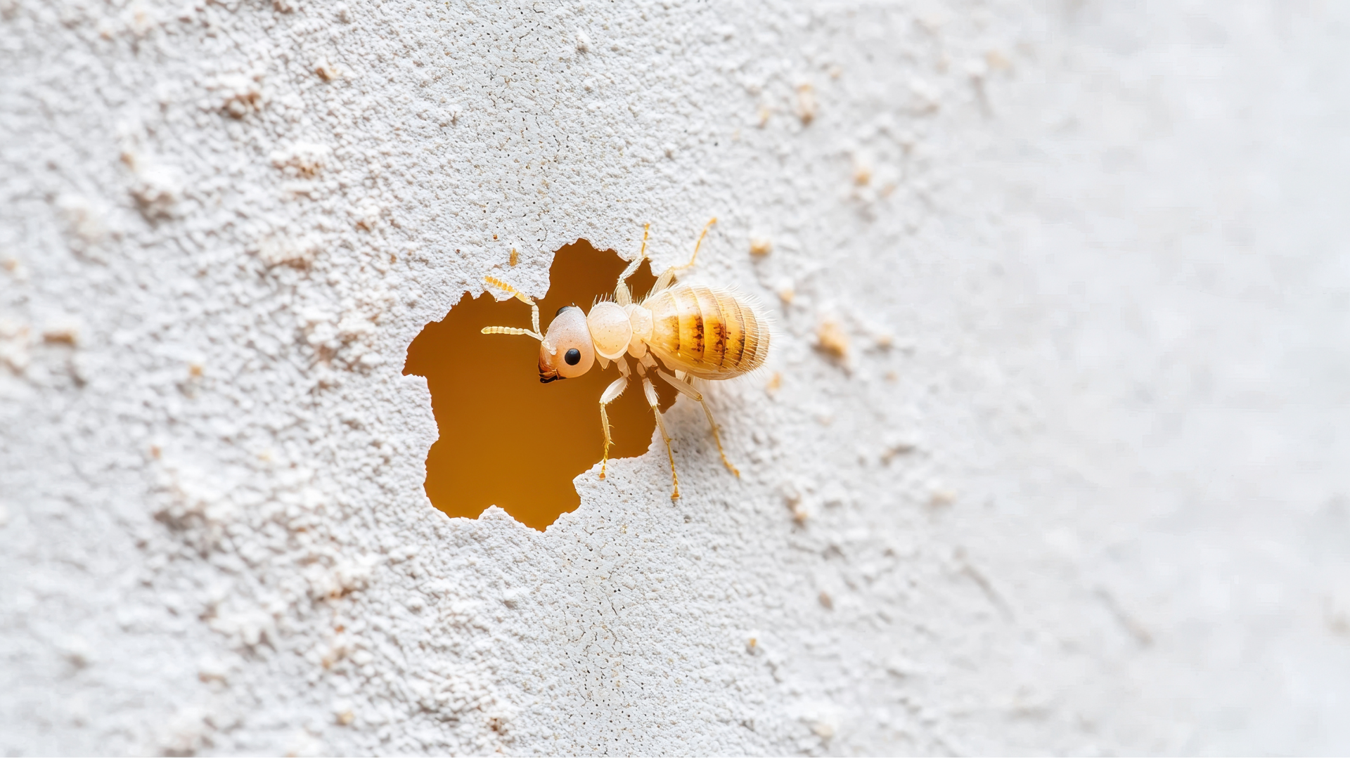 A termite is crawling on a white wall with a hole in it.