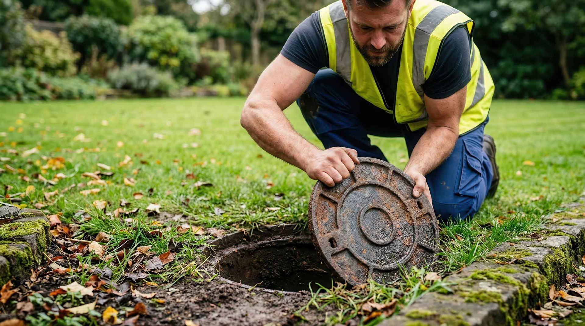 A technician in a safety vest kneels on grass, lifting a round rusty metal septic tank access cover. A technician in a safety vest kneels on grass, lifting a round rusty metal septic tank access cover.