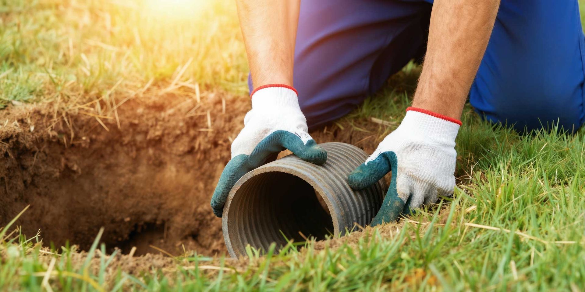 Gloved worker's hands lowering a corrugated drain pipe into a freshly dug earthen trench, sunlit.