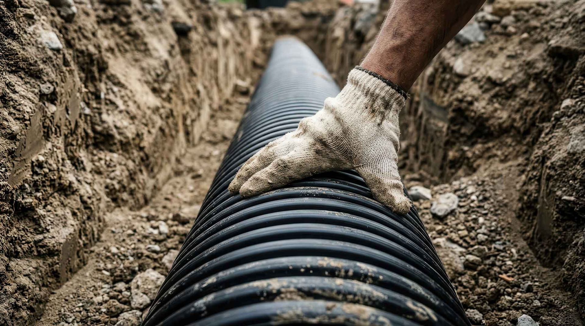 A gloved hand guides ribbed black drainpipe into a narrow, dug trench filled with soil and stones.