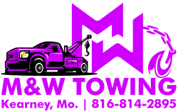 Logo for M&W Towing in Kearney, Mo. featuring a bright purple tow truck, large letter 