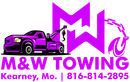 Logo for M&W Towing in Kearney, Mo. featuring a purple tow truck, a large purple "MW" monogram, and a towing hook.