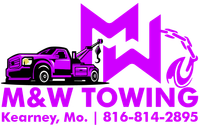 Logo for M&W Towing in Kearney, Mo. featuring a purple tow truck, a large purple "MW" monogram, and a towing hook.