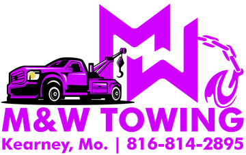Logo for M&W Towing in Kearney, Mo. featuring a purple tow truck, a large purple "MW" monogram, and a towing hook.