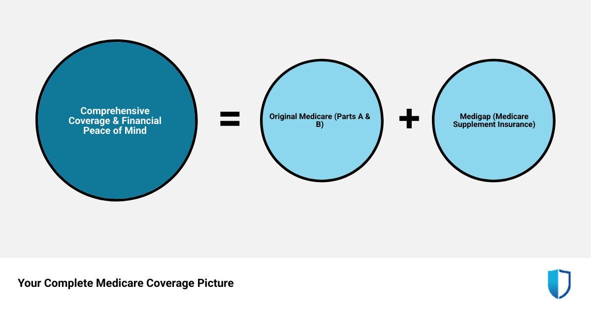 Medicare Coverage Breakdown: Large blue circle equals two smaller blue circles, depicting parts A and B plus other coverage.