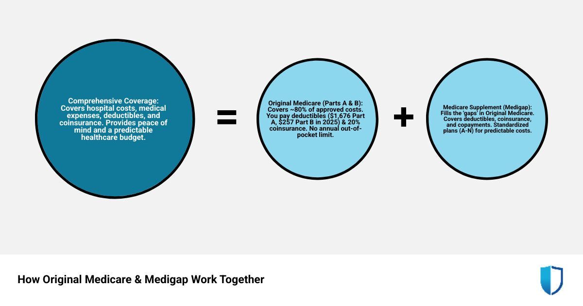 How Original Medicare & Medigap work together. Diagram showing a large blue circle equals two smaller blue circles.